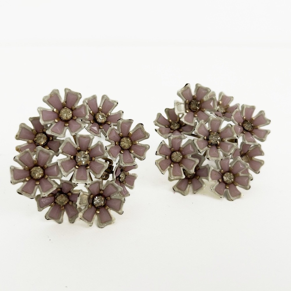 Vintage 50s Coro Style Pink Rhinestone‎ Enamel Large Floral Clip On Earrings MCM